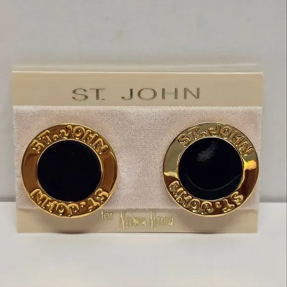 St John Gold Black Enamel Logo Circle Vintage 80s Clip On Earrings - Picture 2 of 8